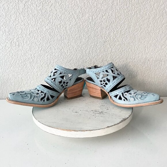 Lane SHALEY Robin Mule Blue Cowboy Boots Womens 7 Cowgirl Western Short Ankle - Picture 7 of 11